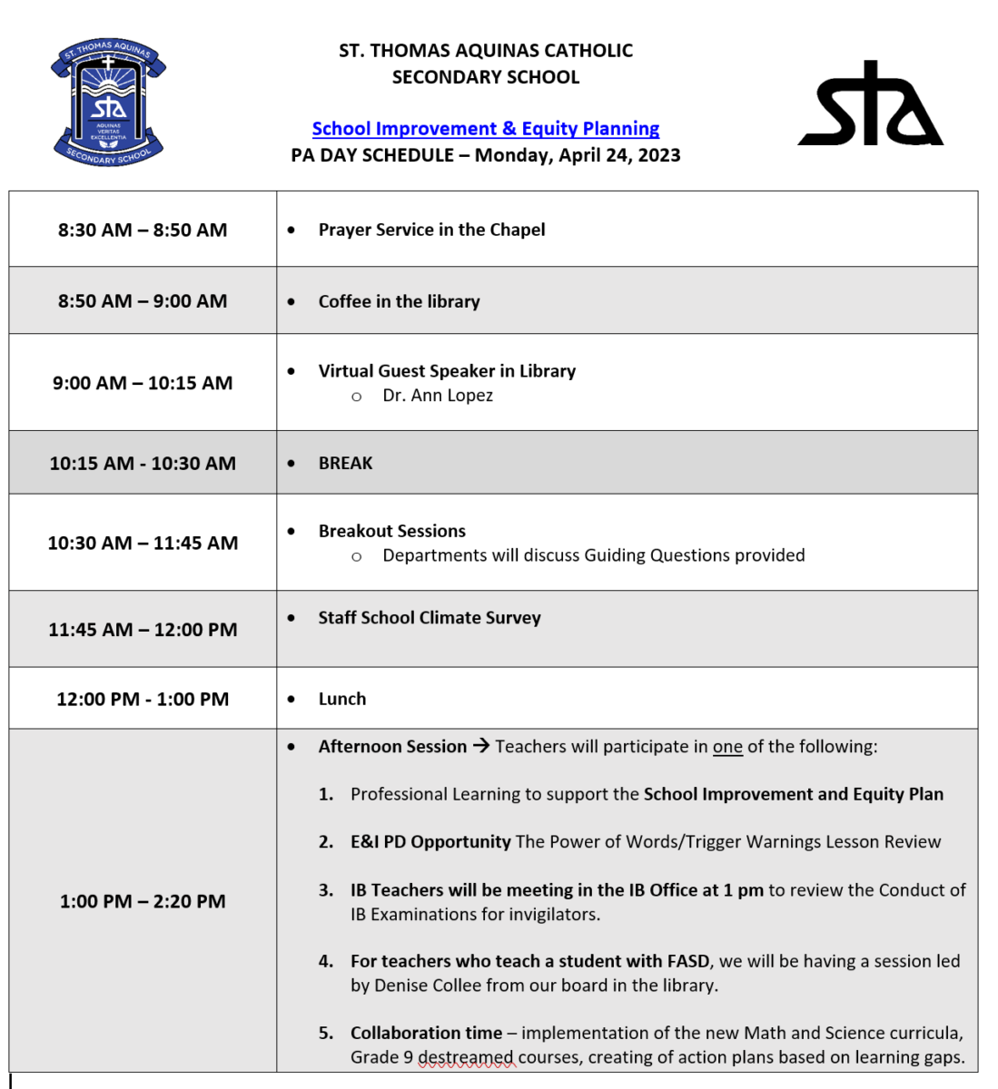 Staff Professional Development Days St. Thomas Aquinas Catholic